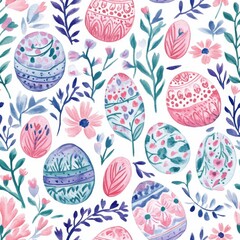 Colorful watercolor doodles of beautifully decorated Easter eggs surrounded by flowers and foliage