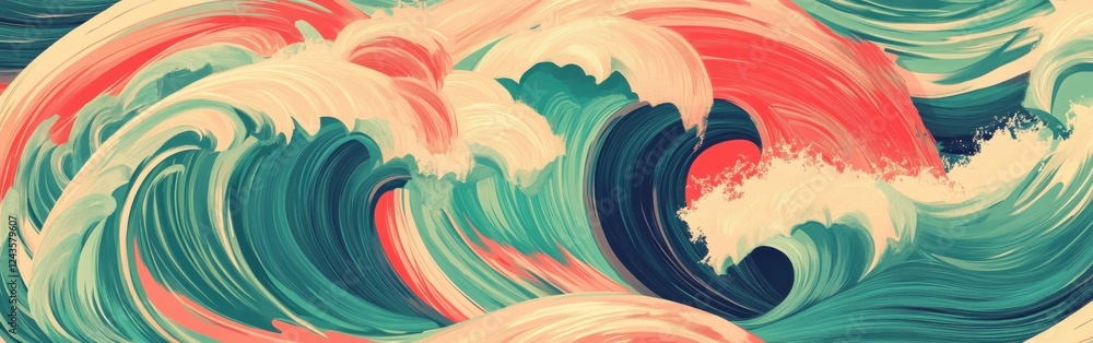 Poster Vibrant wave pattern in lime green turquoise evokes energy and movement in a colorful ocean setting