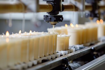 Automated machinery pouring hot wax into containers on a production line, creating candles in a factory setting