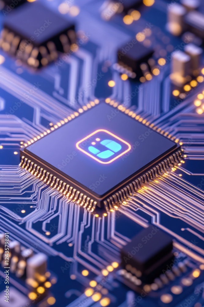 Poster close up of a microchip glowing on a circuit board, representing advanced technology and innovation 
