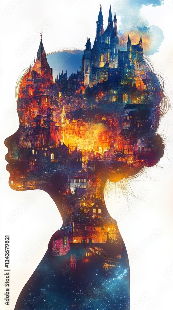 Aufkleber Vibrant visualization of a child's profile capturing imagination and dreams set against a fantastical cityscape