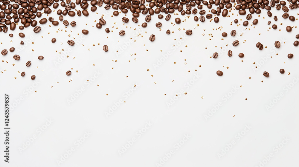 Poster coffee bean rain: a captivating image of roasted coffee beans scattered on a surface, creating a cas