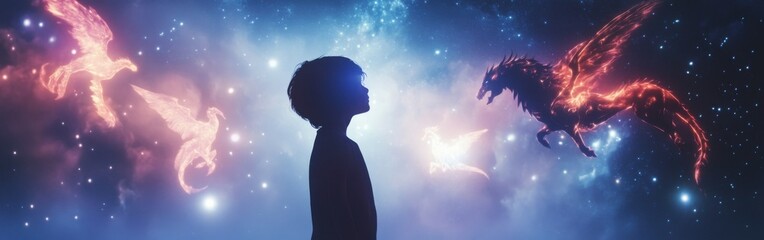 Child surrounded by vibrant glowing creatures in a cosmic dreamlike setting