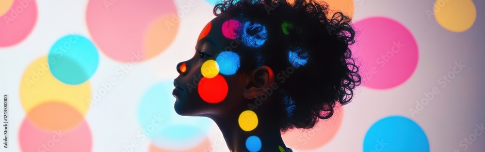 Aufkleber child illuminated by colorful dots in artistic background during daylight hour