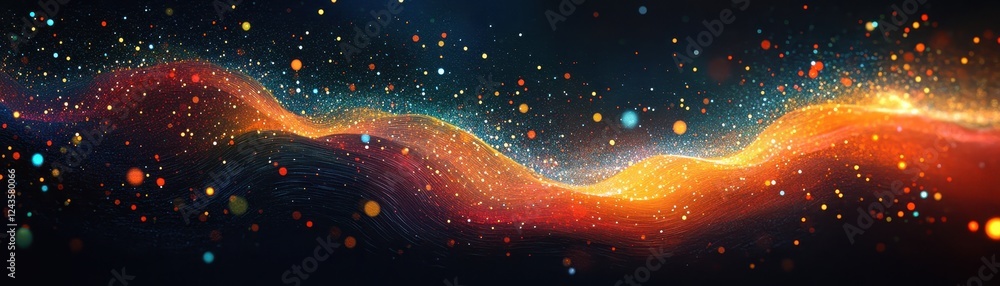 Wall mural abstract digital wave with vibrant colors and sparkling particles on a dark background