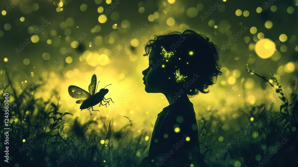 Poster vibrant visualization of a glowing child interacting with a magical creature in a serene outdoor set