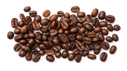 Naklejka premium Coffee Bean Scatter: A scattering of roasted coffee beans, rich brown and full of flavor, captures the essence of this beloved beverage. Each bean promises a stimulating and aromatic experience.