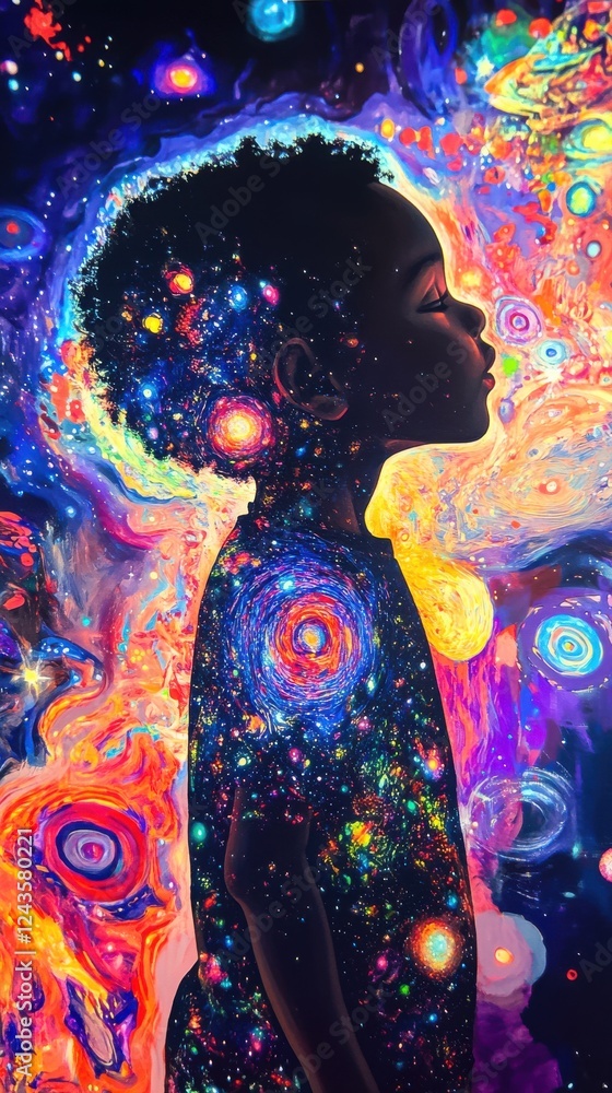Poster child glowing with cosmic energy amidst colorful galaxy backdrop in an artistic interpretation of im