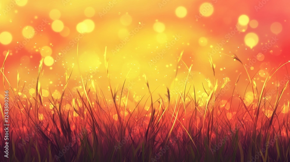 Poster vibrant sunrise over golden grass with sparkling dew in a tranquil natural setting