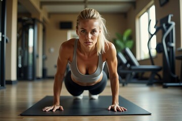 Fototapeta premium Fit Woman Performing Intense Push-up in Gym – Strength Training, Endurance, and Core Workout