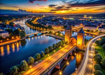 Night Aerial View of Worms, Germany: Nibelungenbrücke & City Gate