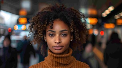 Obraz premium A young African American woman with curly hair stands at a busy train station and looks at the camera.