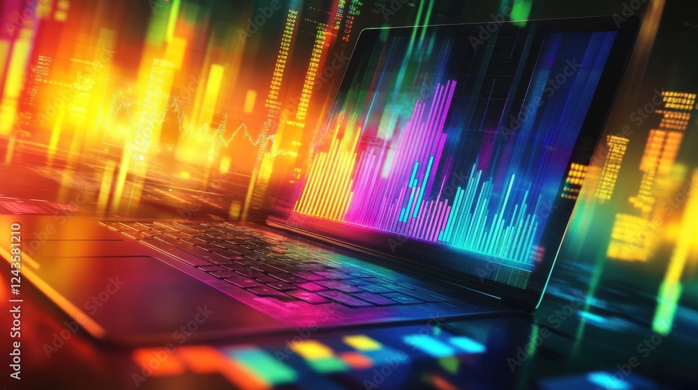 Poster vibrant digital financial activity displayed on a laptop with colorful graphs and charts illuminated