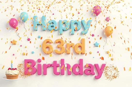 Animated 3D Happy 63rd Birthday background video in pastel theme with floating balloons, lit candles, fireworks, and confetti shower