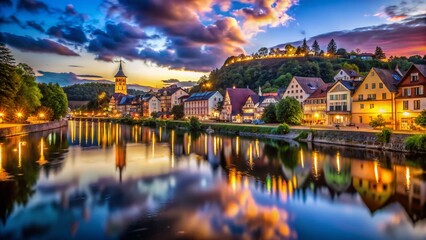 Obraz premium Night Photography: Bad Karlshafen, Weser River, Germany - Illuminated Town at Dusk