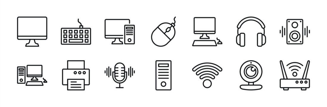 Computer or electronic devices thin line icon vector set. Contains monitor, keyboard, mouse, headphone, speaker, desktop, printer, microphone, network, camera, central processing unit, wifi, wireless