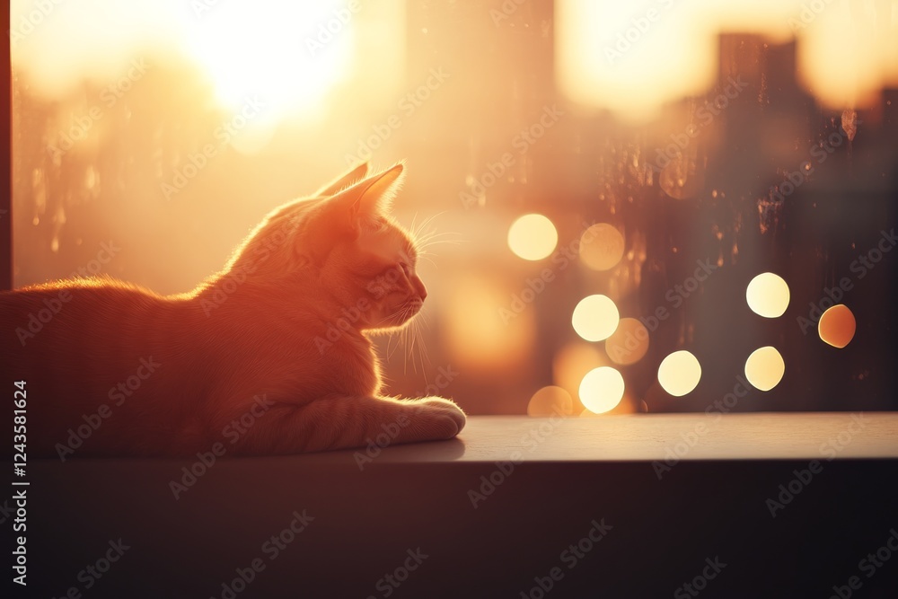 Poster A domestic cat relaxes on a windowsill, basking in warm sunlight while enjoying a view of the cityscape and creating a tranquil atmosphere