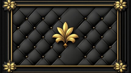 Black quilted background with gold leaf design and ornate frame. Luxurious, elegant, and sophisticated texture