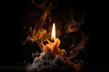 Melted candle surrounded by smoke creating abstract shapes on black background