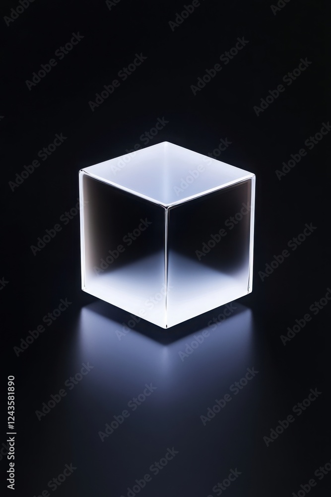 Poster illuminated cube on dark background representing fairness and balance with a minimalist design, emit