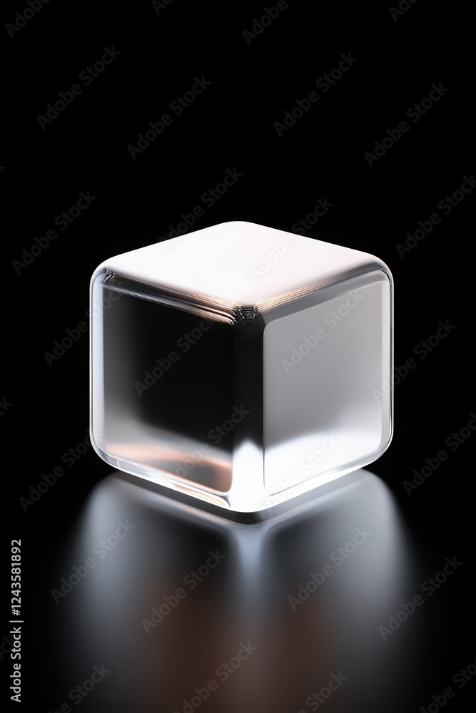 Poster transparent glass cube with rounded edges emitting light and casting a reflection on a dark surface