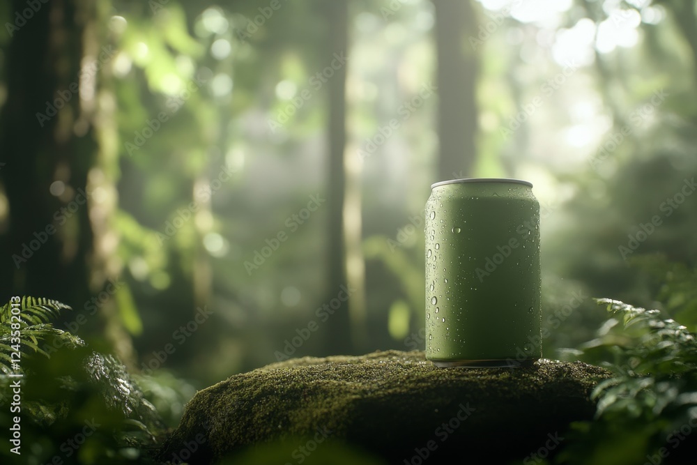 Poster a green soda can covered in water droplets rests on a mossy rock, framed by vibrant ferns and illumi