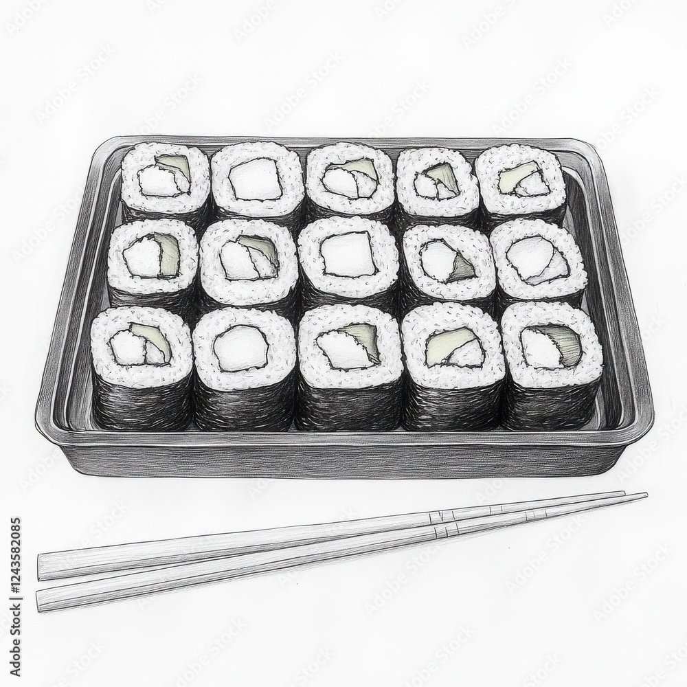 Poster delightful sushi rolls arranged beautifully on a tray with chopsticks set aside for the perfect dini
