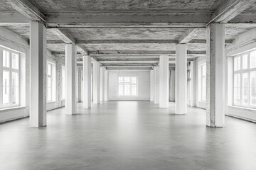 Bright Empty Industrial Space with Concrete Walls and Large Windows