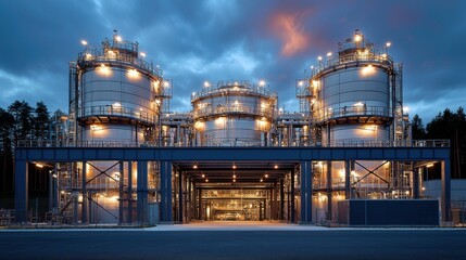 Obraz premium The industrial tank stands illuminated in the golden light of the setting sun. The sky is painted with vibrant colors, casting long shadows across the factory and highlighting the scene.