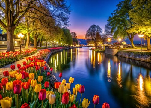 Night Photography: Morges River, Switzerland, Tulip Festival Lights