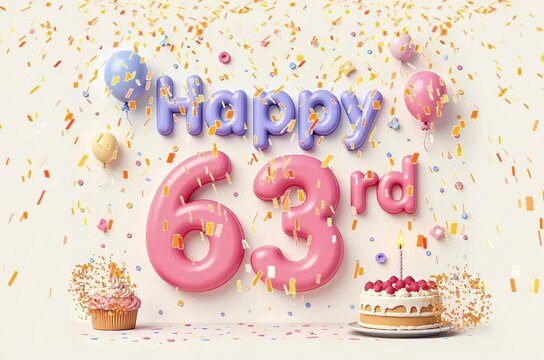 Animated 3D Happy 63rd Birthday background video in pastel theme with floating balloons, lit candles, fireworks, and confetti shower
