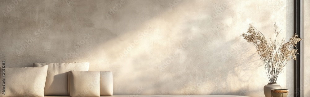 Poster textured concrete wall in soft shades creates a serene and inviting atmosphere in a minimalist livin