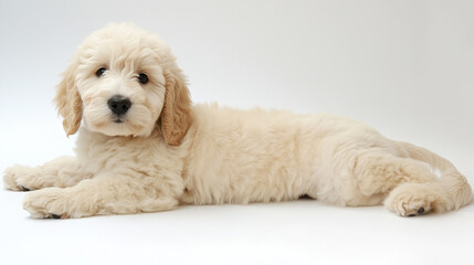 White background with a Golden Doodle dog, fluffy and friendly, looking playful