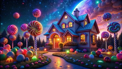 Obraz premium Night Photography: Whimsical Candy House, Lollipop Decor, Colorful Building, Sweet Treats, Festive Illumination