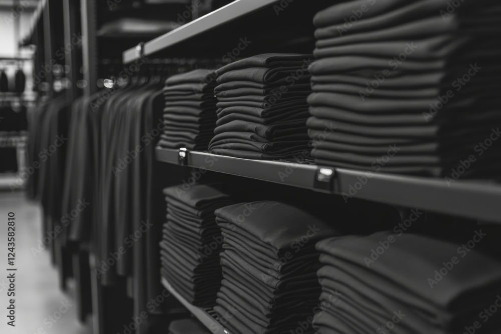 Aufkleber neatly folded monochrome t-shirts arranged on a sleek rack in a minimalistic boutique setting with s