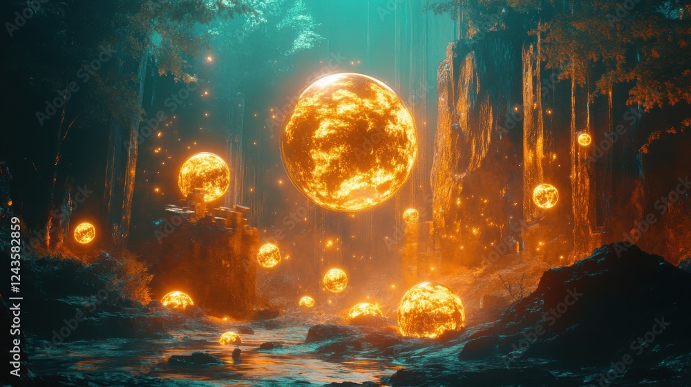Poster Symbolic depiction of collectible spheres illuminated in a vibrant forest setting during mystical twilight