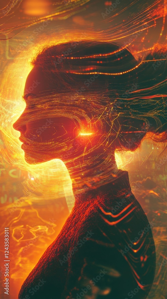 Poster surreal representation of a glowing woman amidst vibrant colors and abstract patterns