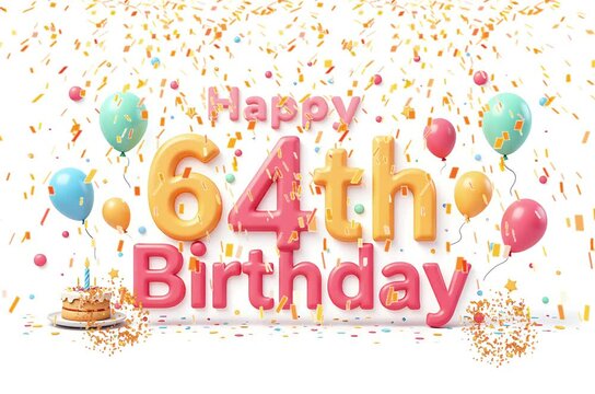 Animated 3D Happy 64th Birthday background video in pastel theme with floating balloons, lit candles, fireworks, and confetti shower
