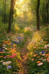 Obraz premium ** Serene Woodland Pathway Surrounded by Vibrant Wildflowers at Sunrise in a Lush Forest Setting..**