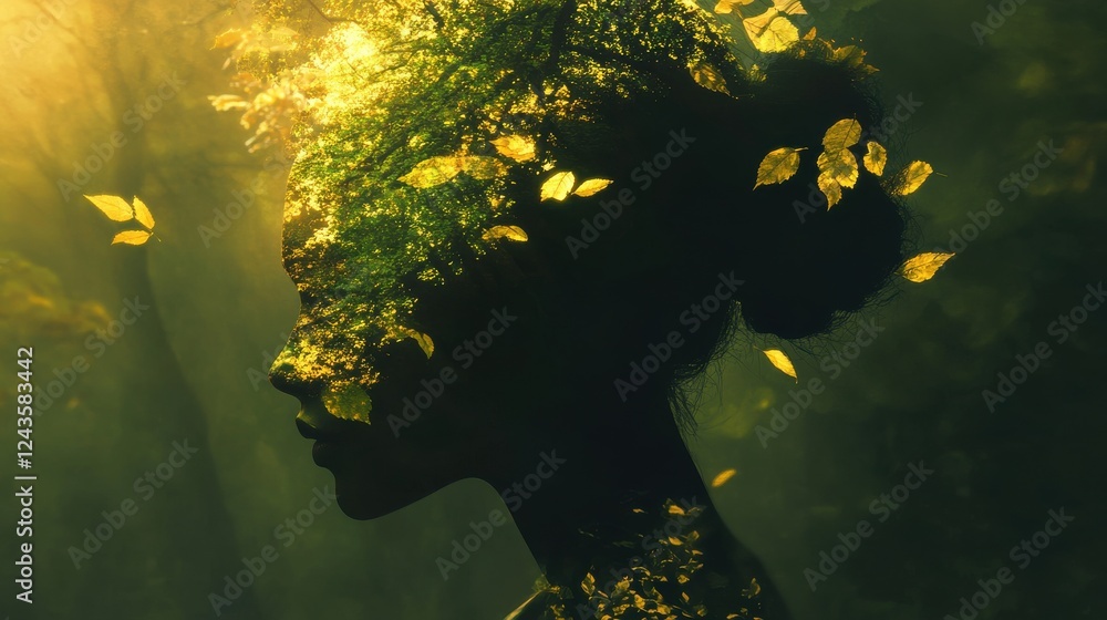 Aufkleber surreal representation of a glowing woman intertwined with nature in a mystical forest setting