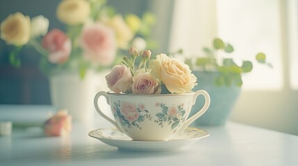Delicate Floral Arrangement of Roses in a Vintage Porcelain Teacup