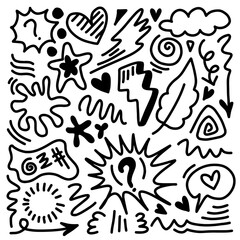 Doodle set of hand drawn elements. Doodle heart, arrow, star, sparkle decoration symbol set icon.