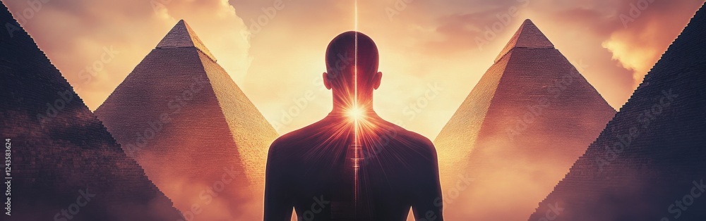 Poster surreal man glowing in front of pyramids at sunset, an exploration of light and ancient wonders