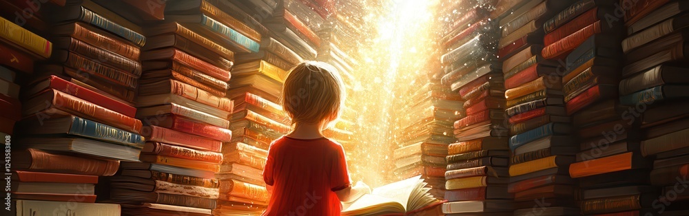Aufkleber surreal portrait of a glowing child exploring mystical books in a vibrant library during sunset