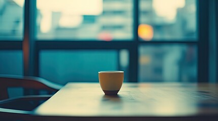 A steaming red mug sits on a wooden table in the living room