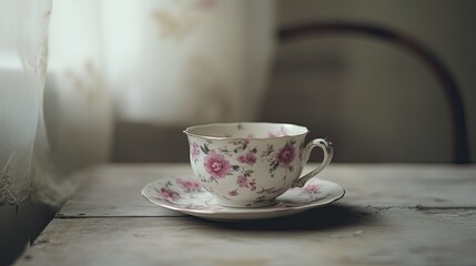 Vintage Tea Cup with Floral Pattern on Rustic Wooden Surface