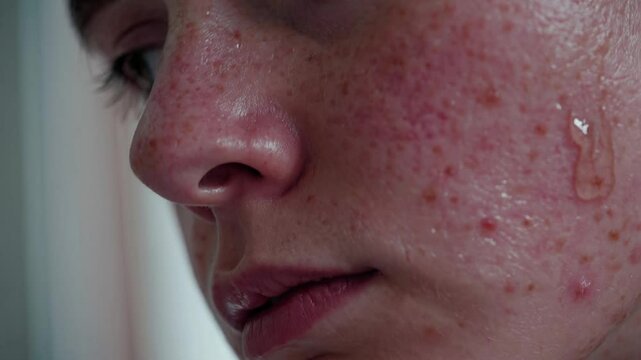 Young woman experiencing emotional distress, displaying skin problems with tears streaming down her face, revealing vulnerability and inner struggle with dermatological challenges