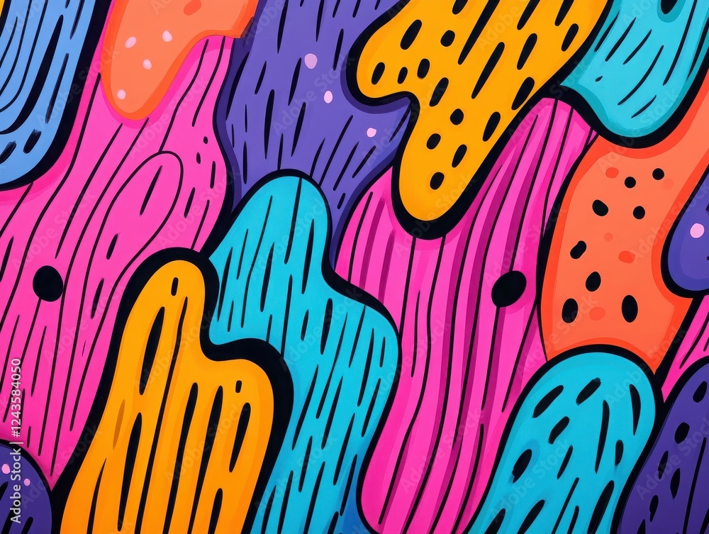 Poster vibrant and colorful abstract patterns featuring whimsical shapes and bold lines, perfect for design