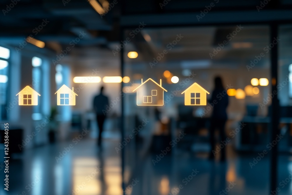 Poster glowing house icons float mid-air against a blurred backdrop of a modern office, highlighting an int