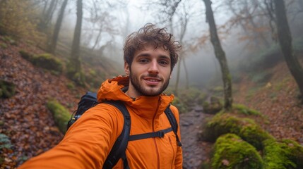 Naklejka premium Young man enjoys a misty forest hike while capturing a memorable selfie among autumn foliage